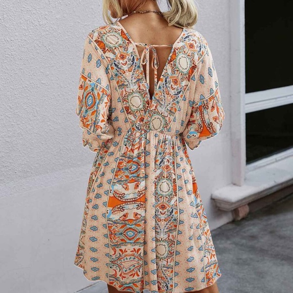 Bohemian Orange Paisley V neck Gypsy Mini Dress Cottagecore - Picture 11 of 16